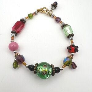 Colorful Lampwork Murano Glass Bead Bracelet –‎ Multicolor Art Glass Boho 7.5"